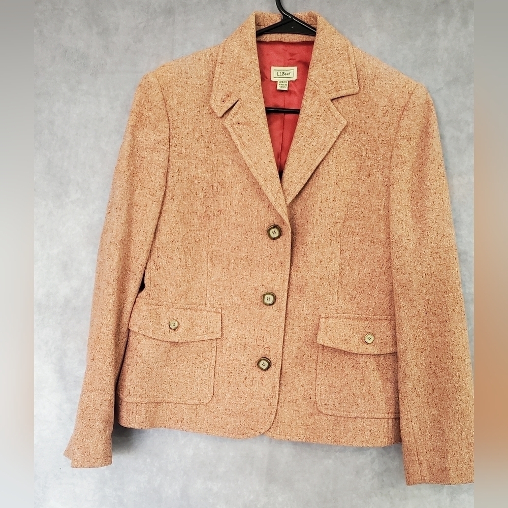L.L.Bean Wool Tweed Blazer Formal Office Casual Warm pink Jacket Size M Petite